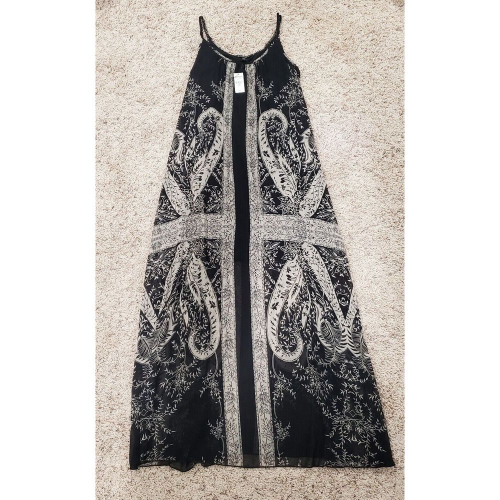 Express‎ Dress Size Medium Long Sheer Overlay Lined Black Tan Floral Polyester